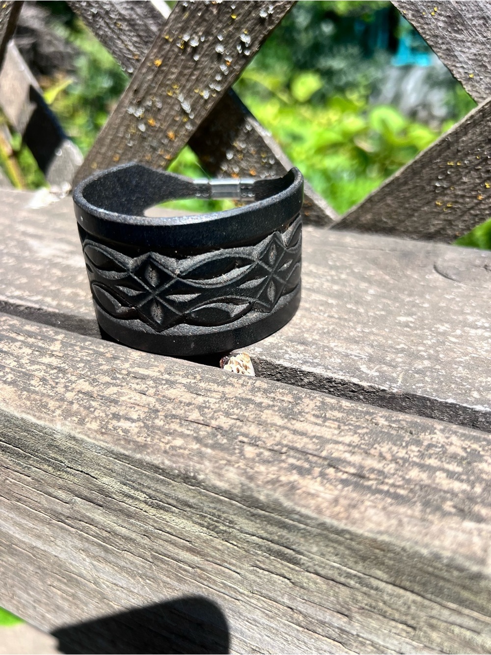Black Leather Cuff Bracelet with Geometric Embossing